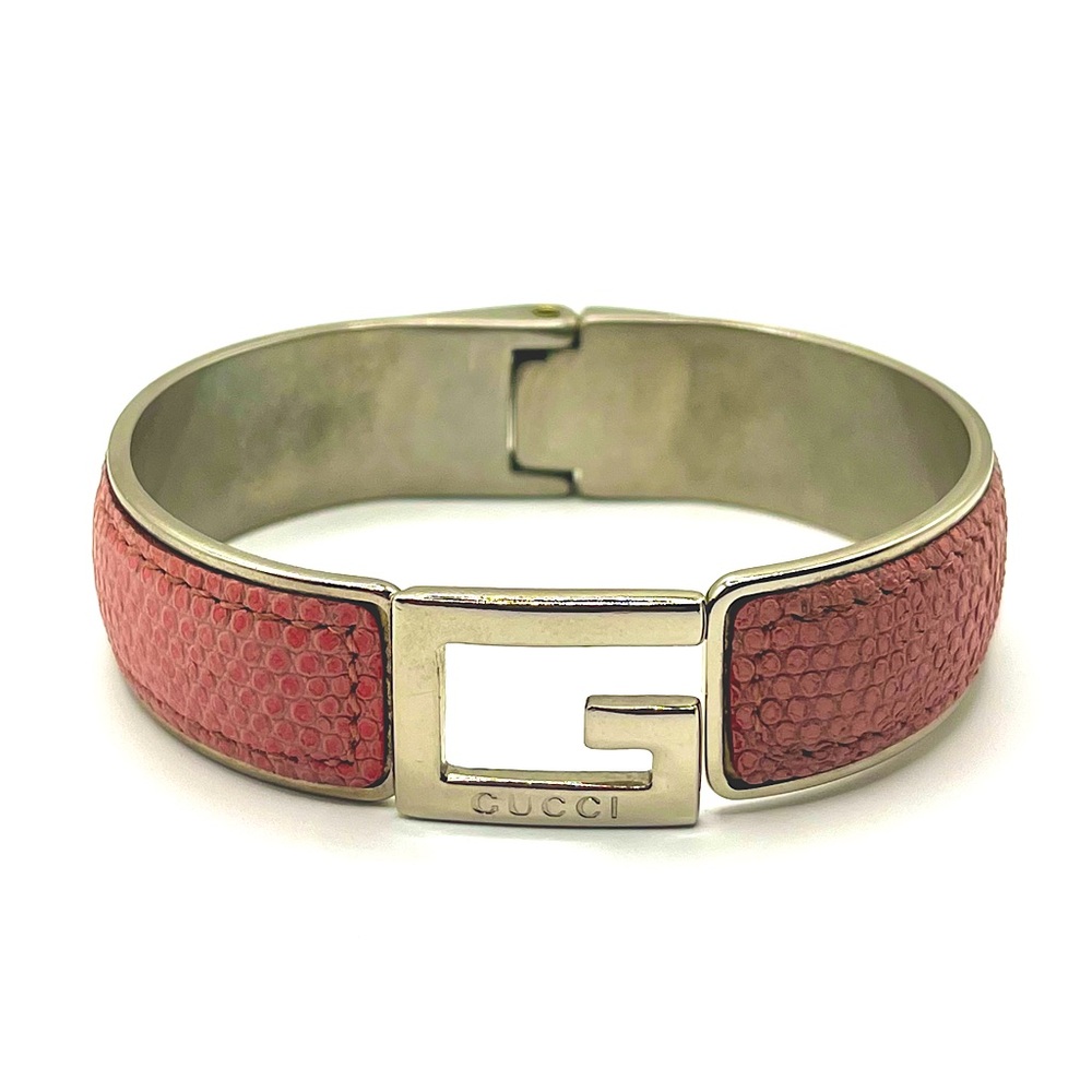 GUCCI VINTAGE LEATHER LIZARD PINK AND SILVER CUFF BANGLE! PREOWNED